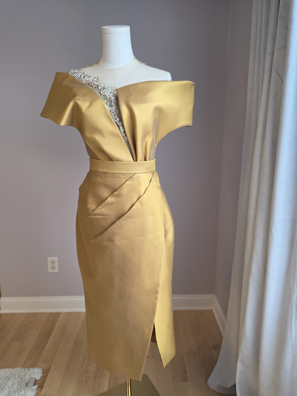 Gold One-Shoulder Satin Sheath Dress with Embellished Trim